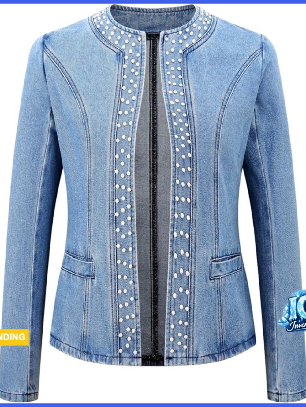 Pearl Denim Jacket Long Sleeve Collarless Rivet Short Coat with Pockets